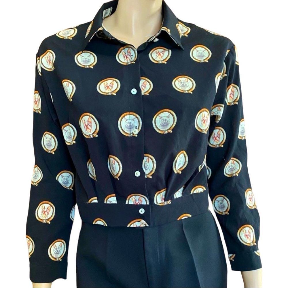 Print Cats & Dogs Shirt Black Top Long Sleeve Blouse Size M
